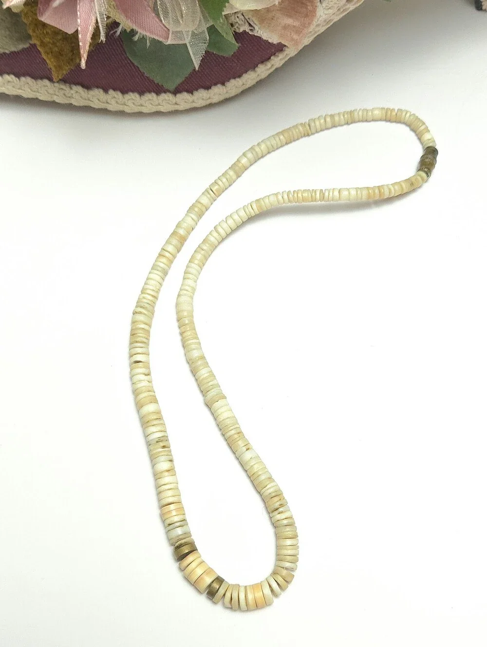 Vintage Puka Shell & Melon Shell with Gold Disk Beaded Necklace Santo Domingo